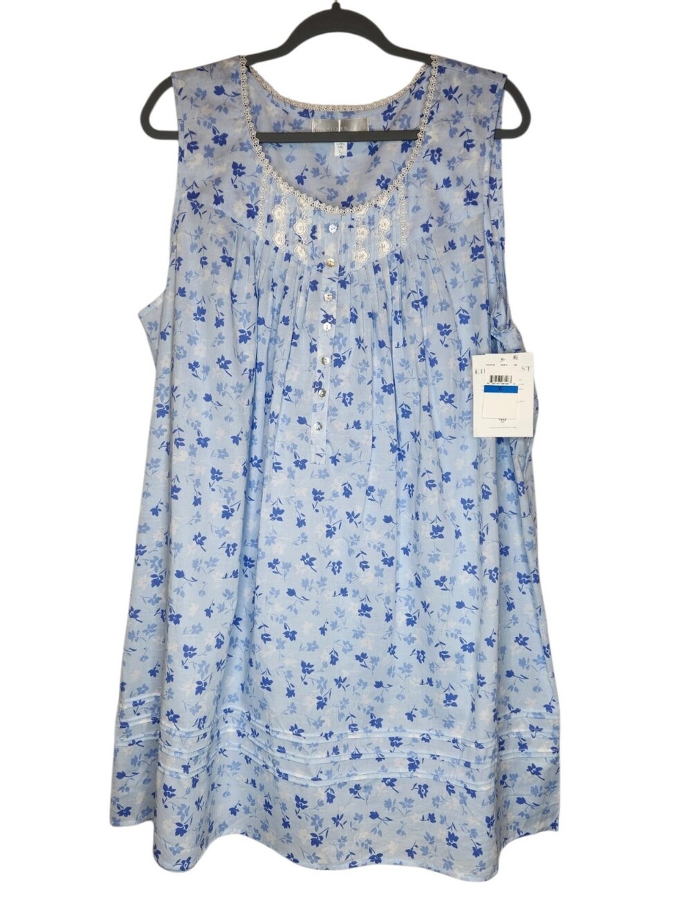 NEW Eileen West Blue Sleeveless Nightgown Embroidered Pintucked Size XL